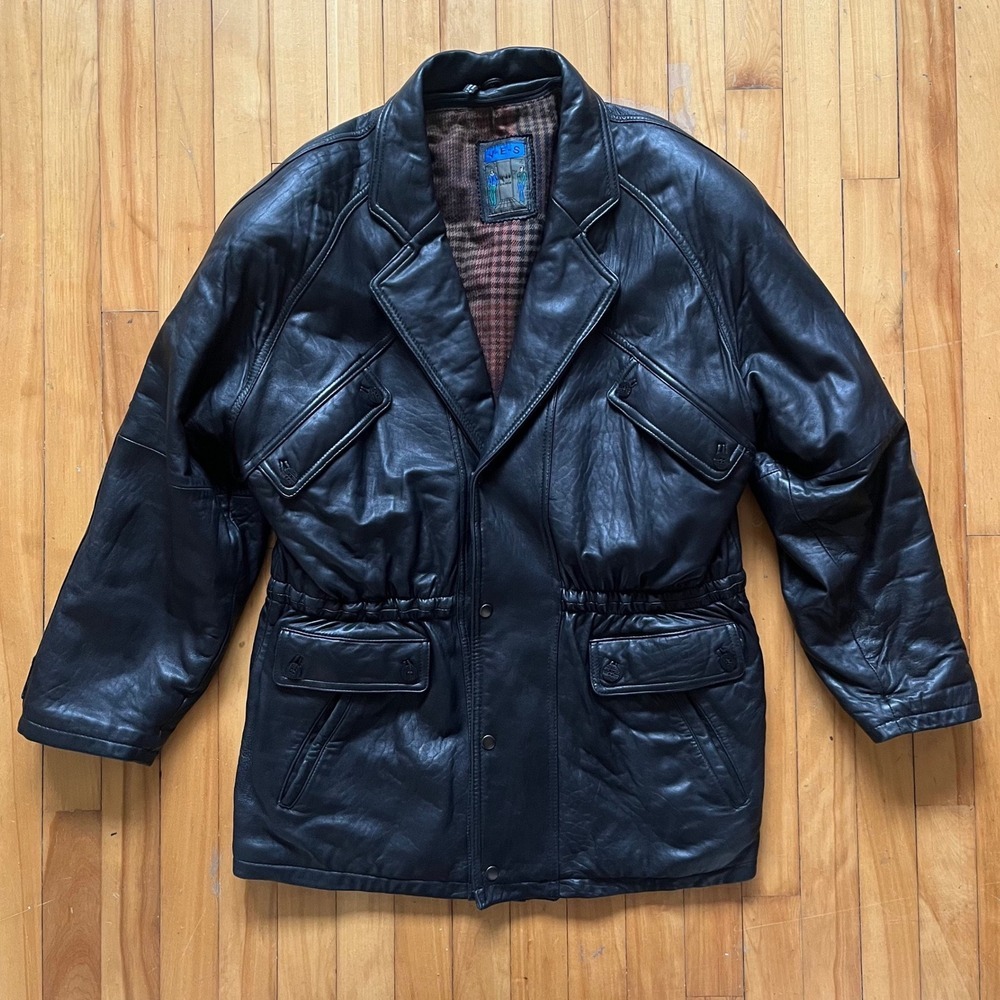 YES Mens Black Leather Jacket Blazer Style Plaid Lined Drawstring Waist Size L